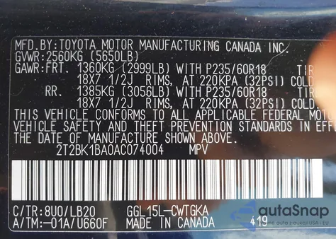 2010 Lexus Rx 350 from USA, damaged, VIN 2T2BK1BA0AC074004